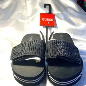 GUESS Womens Abet Rhinestone Slip On Slide Sandals Black 7 Medium